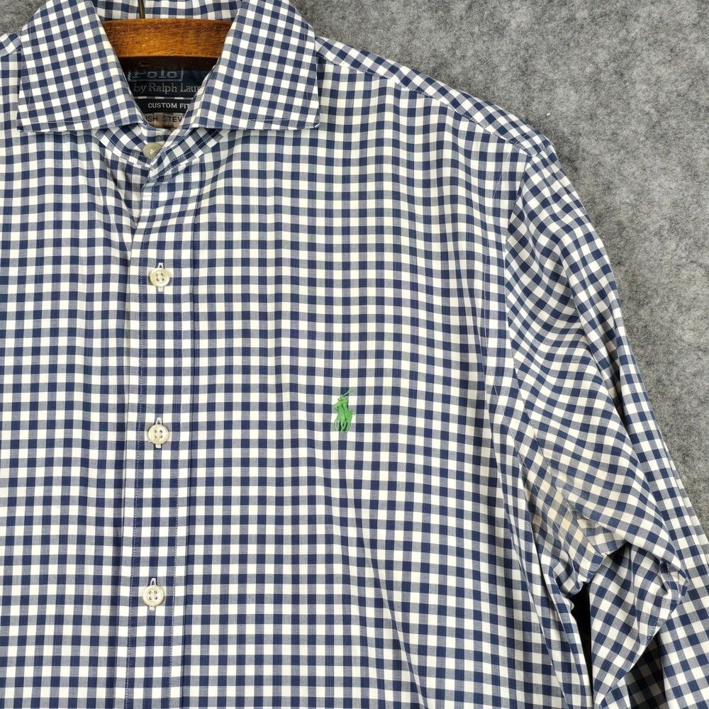 Polo Ralph Lauren Men Gingham Shirt Navy Blue White Custom Fit 15.5 34/35 Cotton - Picture 6 of 9